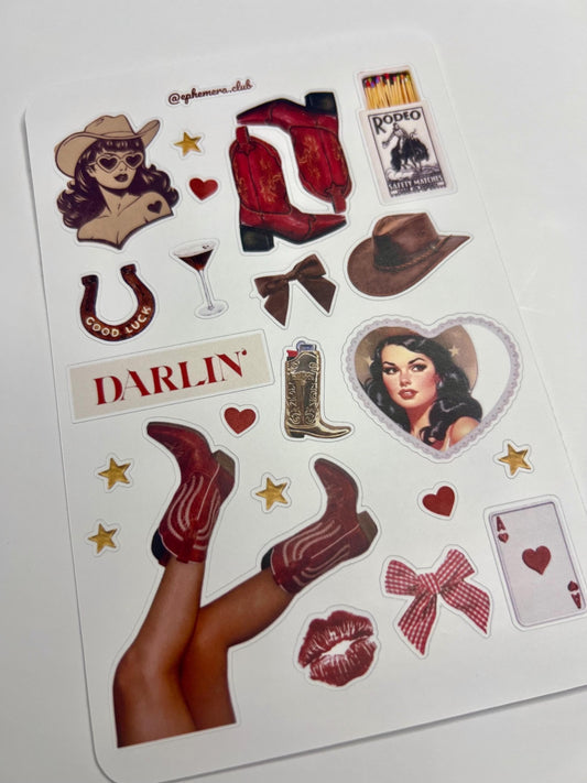 Cowgirl Sticker Sheet – Western Aesthetic Stickers, Retro Rodeo Pin-Up, Matte Vinyl, Country Scrapbook Stickers, Yeehaw Vibes | 4x6