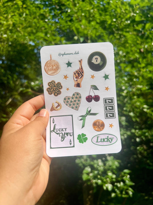 Lucky Sticker Sheet – Good Luck Charm Stickers, Matte Vinyl, Green Collage, Penny, Clover, 8 Ball, Scrapbook Stickers | 4x6