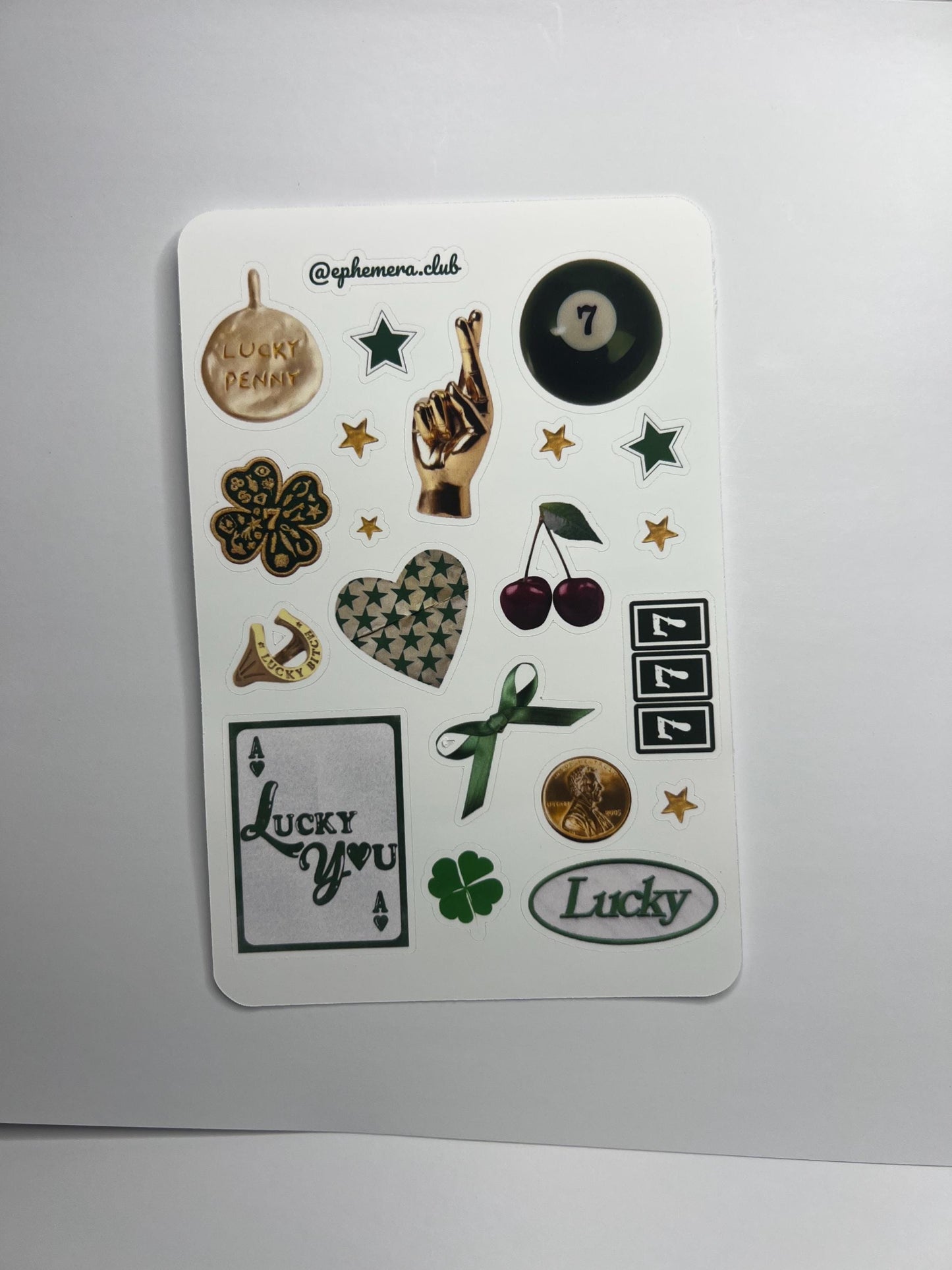 Lucky Sticker Sheet – Good Luck Charm Stickers, Matte Vinyl, Green Collage, Penny, Clover, 8 Ball, Scrapbook Stickers | 4x6