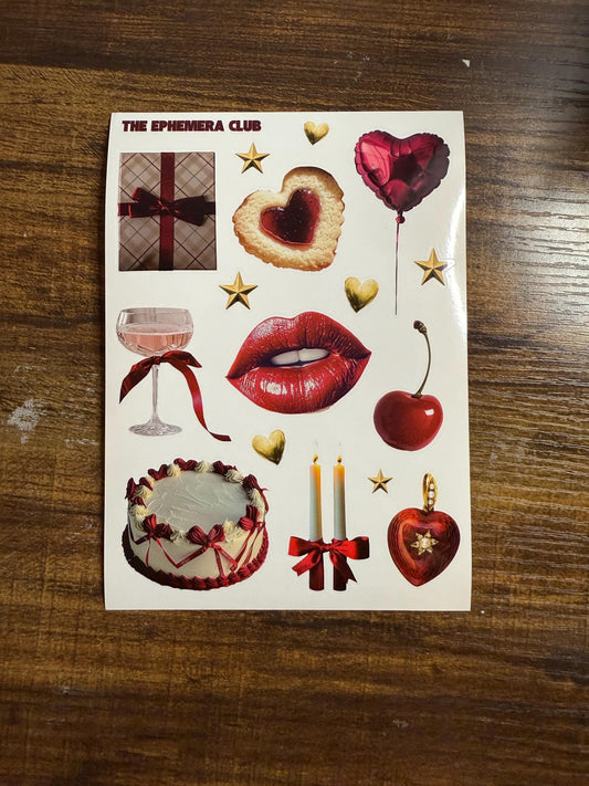 Valentine Junk Journal Stickers | Romantic Ephemera Sticker Sheet | Red Gold Hearts, Cake, Lips | Scrapbooking, Journaling Supplies