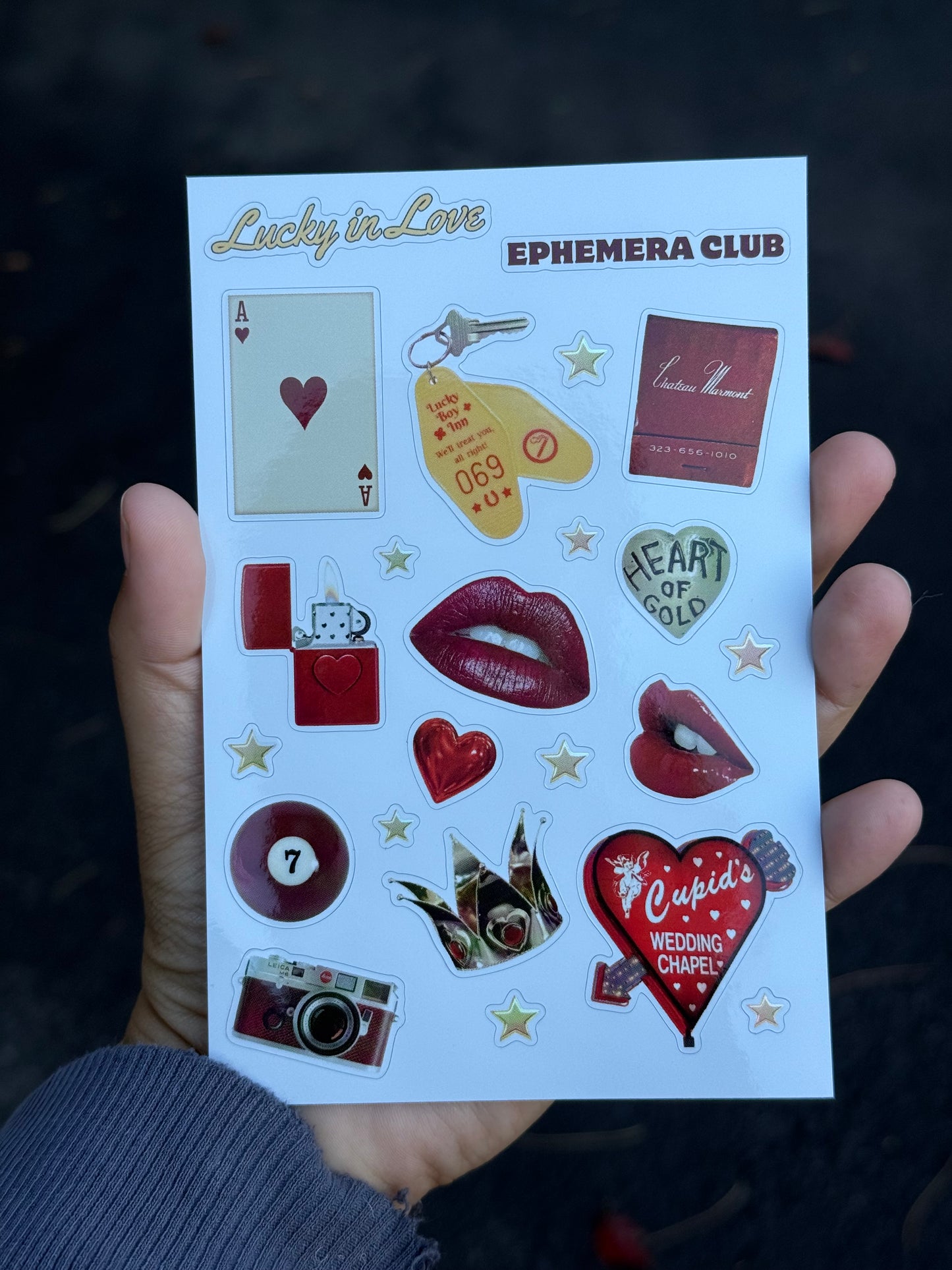 Lucky in Love  – Sticker Sheet, Scrapbook Supplies, Junk Journal Pack, Red & Gold Stars