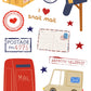 A collection of postage and mail-themed vector illustrations on a white background, including a yellow box with a bow, a navy mailbox, a red stamp, an open letter, a red mailbox, a beige express delivery truck, and the text 'I snail mail' and 'POSTAGE No. 975'.