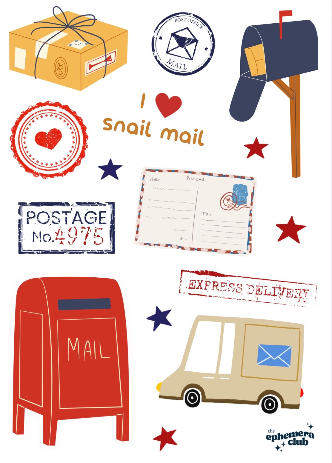 A collection of postage and mail-themed vector illustrations on a white background, including a yellow box with a bow, a navy mailbox, a red stamp, an open letter, a red mailbox, a beige express delivery truck, and the text 'I snail mail' and 'POSTAGE No. 975'.