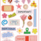 A sheet of decorative scrapbook stickers featuring various pastel-colored shapes and patterns, including bows, stars, clouds, tickets, and floral elements, with text reading 'IMPORTANT!' and 'DON'T FORGET'.