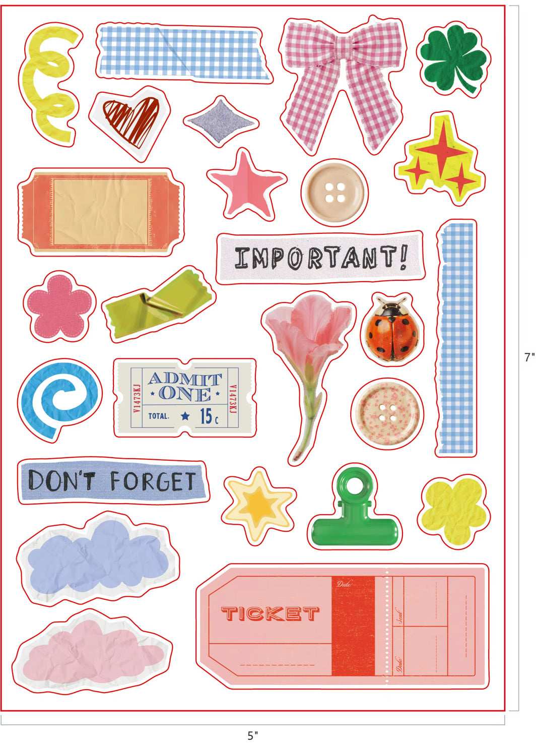 A sheet of decorative scrapbook stickers featuring various pastel-colored shapes and patterns, including bows, stars, clouds, tickets, and floral elements, with text reading 'IMPORTANT!' and 'DON'T FORGET'.