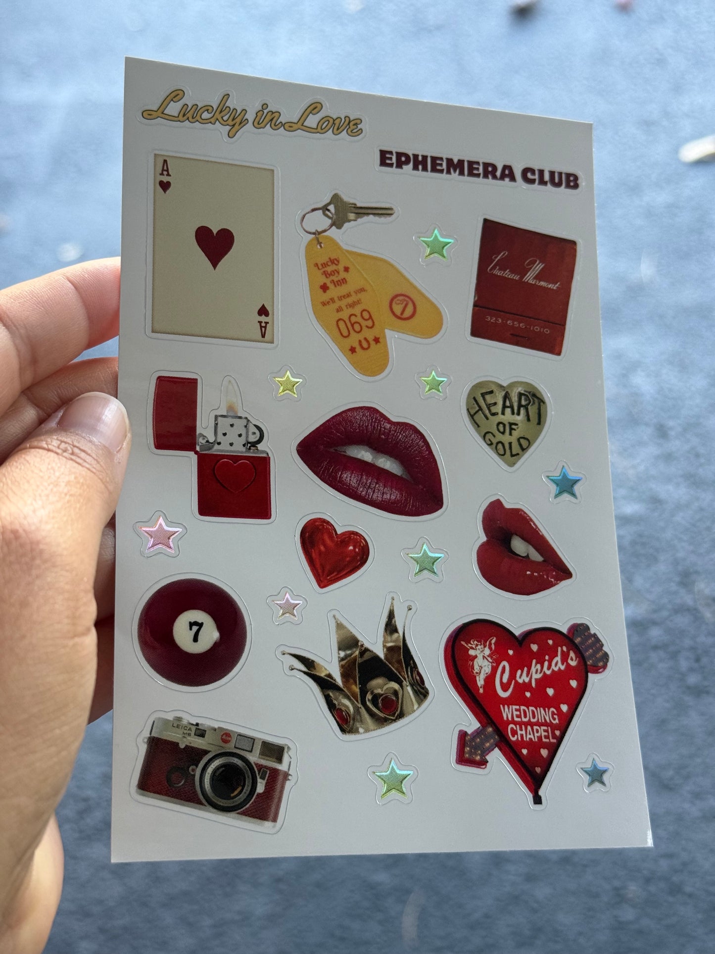 Lucky in Love  – Sticker Sheet, Scrapbook Supplies, Junk Journal Pack, Red & Gold Stars