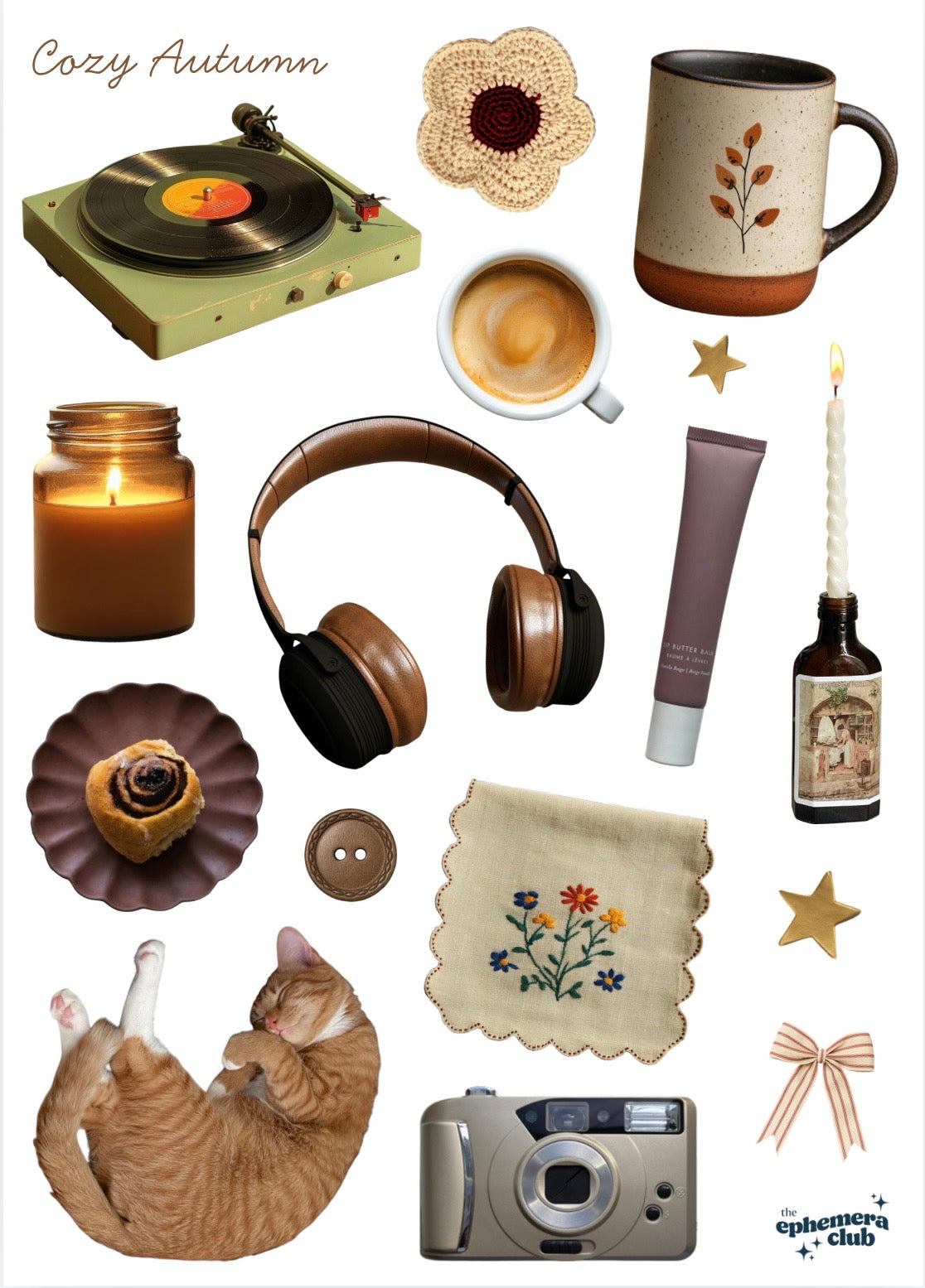 A cozy autumn-themed collage of seasonal items on a white background, including a record player, mug, coffee cup, candle, headphones, tube, camera, cat, and embroidered cloth, with the text 'Cozy Autumn' at the top and 'ephemera club' at the bottom right.