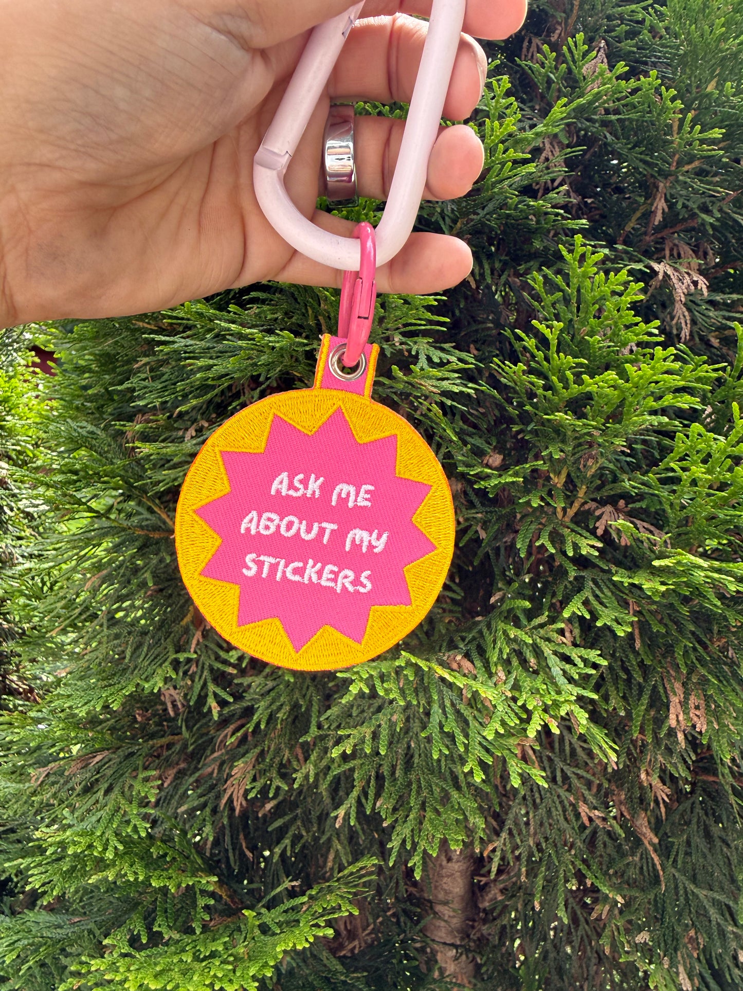 Ask Me About My Stickers Embroidered Bag Charm