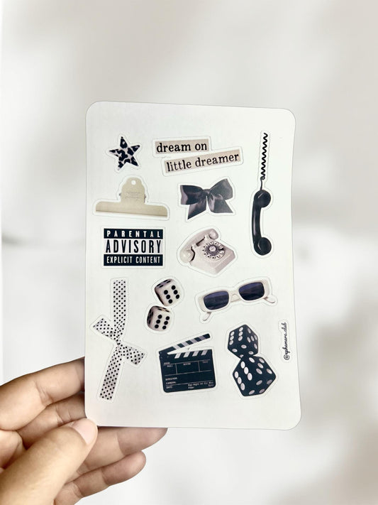 Black n White Aesthetic Sticker Sheet – Black & White Dreamcore Stickers, Semi Glossy , Dice, Sunglasses, Collage Stickers | 5x7
