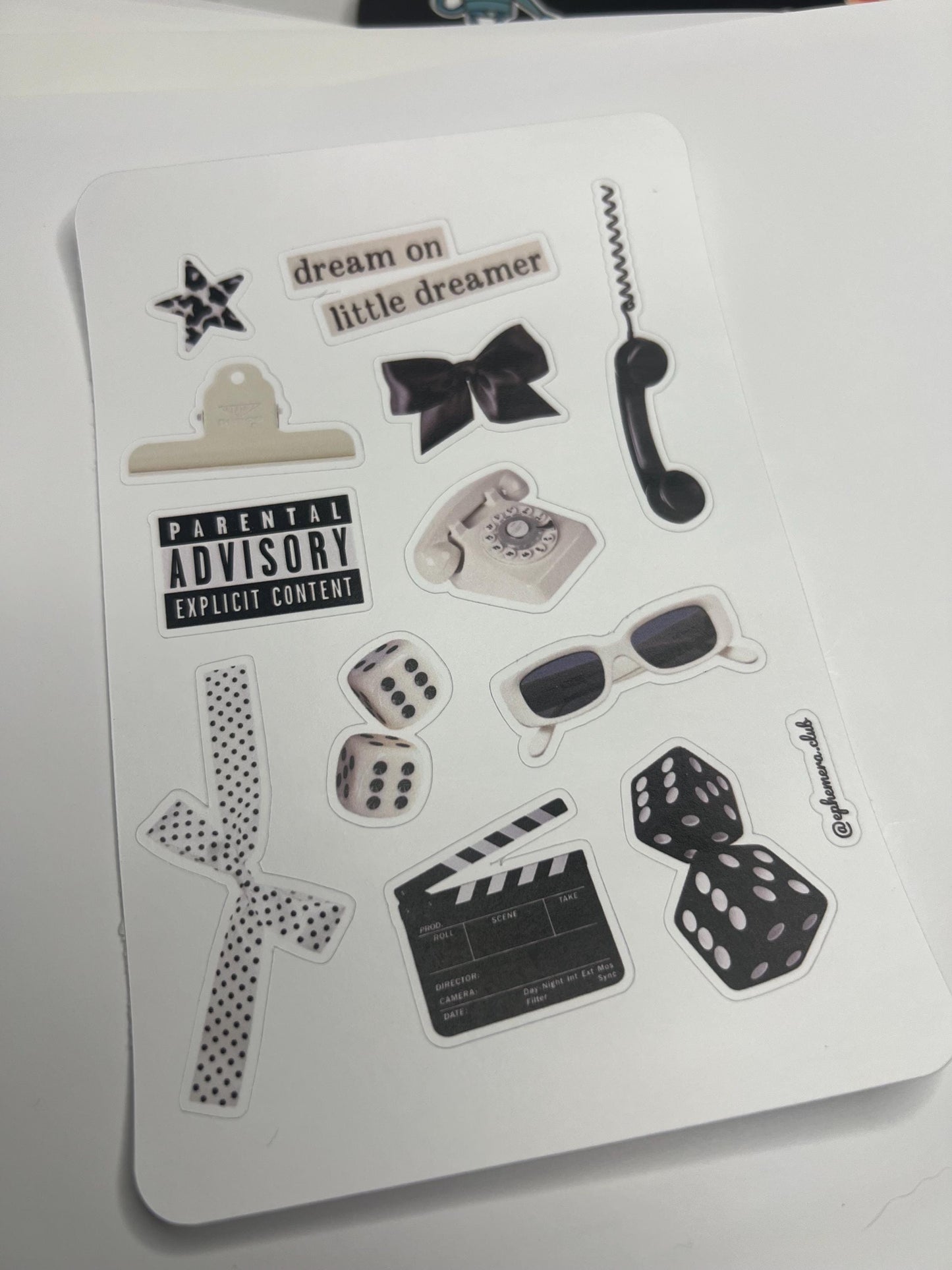 Black n White Aesthetic Sticker Sheet – Black & White Dreamcore Stickers, Semi Glossy , Dice, Sunglasses, Collage Stickers | 5x7