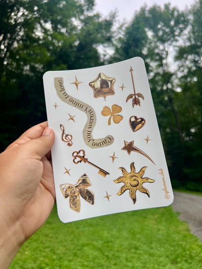 Gold Aesthetic Sticker Sheet – Celestial Magic  Vinyl Stickers, Stars, Keys, Suns, Quote, Cute Ephemera for Journals | Matte | 5x7