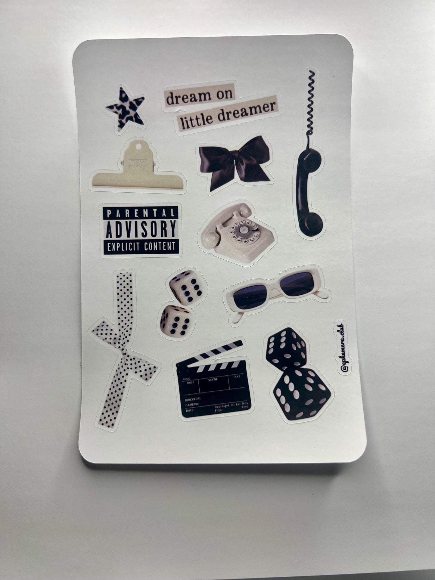 Black n White Aesthetic Sticker Sheet – Black & White Dreamcore Stickers, Semi Glossy , Dice, Sunglasses, Collage Stickers | 5x7