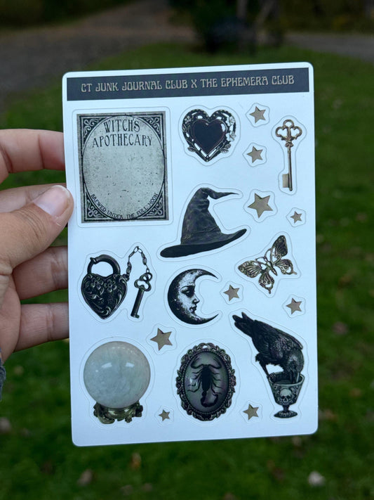 Witchy Sticker Sheet – Gothic Witch, Black Magic, Moon, Crystal Ball, Raven, Witch Hat, Cauldron, Vintage Key, Journal