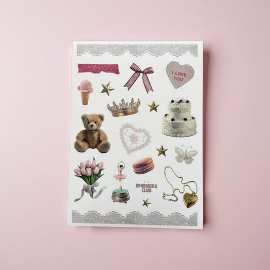 Romantic Junk Journal Sticker Sheet | Coquette Ephemera Stickers | Teddy Bear, Lace, Cake, Ballet | Scrapbooking & Journaling