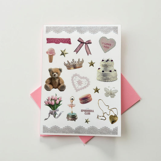 Romantic Junk Journal Sticker Sheet | Coquette Ephemera Stickers | Teddy Bear, Lace, Cake, Ballet | Scrapbooking & Journaling