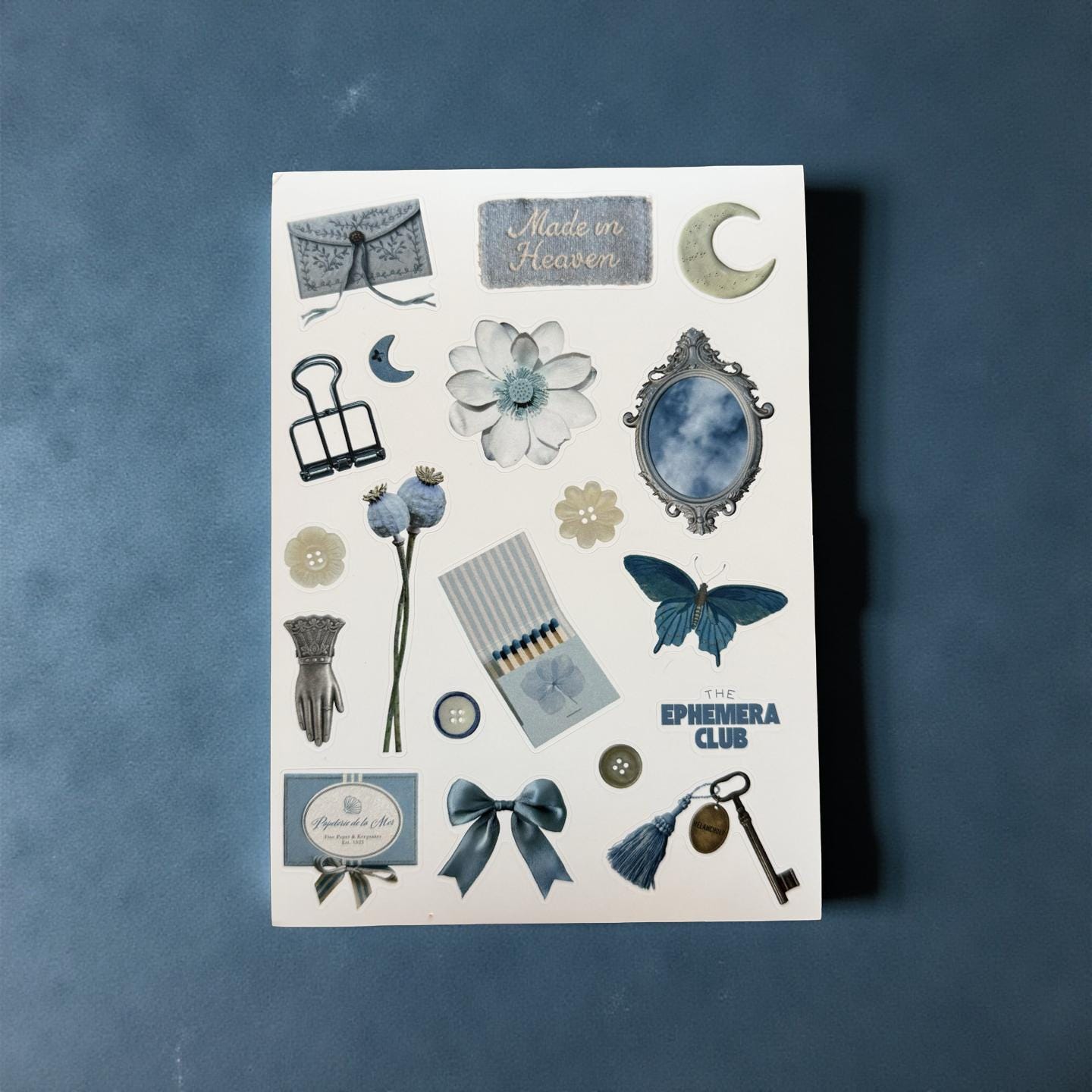 Blue Celestial Junk Journal Sticker Sheet | Moon & Butterfly Ephemera Stickers | Vintage Blue Aesthetic | Scrapbooking