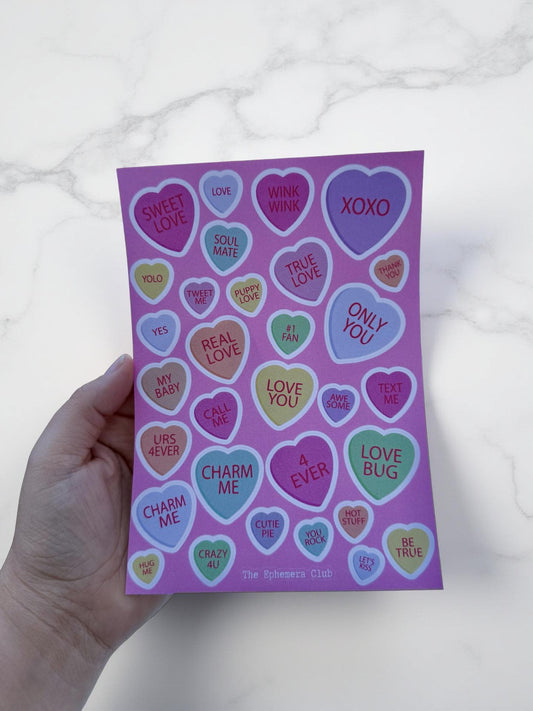 Valentine Candy Heart Stickers | Glitter PVC Sheet, Junk Journal