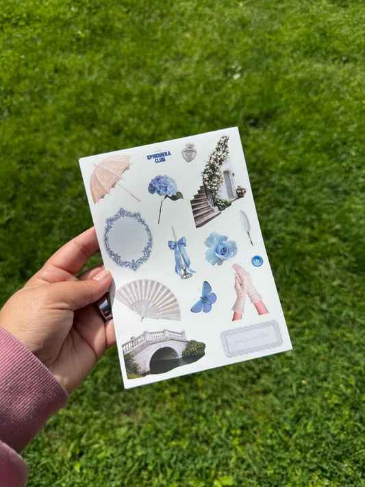 Blue Cottagecore Sticker Sheet | Romantic Journal Stickers | Hydrangea Butterfly Frame & Vintage Ephemera Stickers | Scrapbooking Supplies