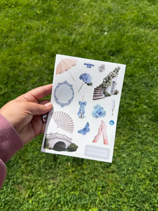 Blue Cottagecore Sticker Sheet | Romantic Journal Stickers | Hydrangea Butterfly Frame & Vintage Ephemera Stickers | Scrapbooking Supplies